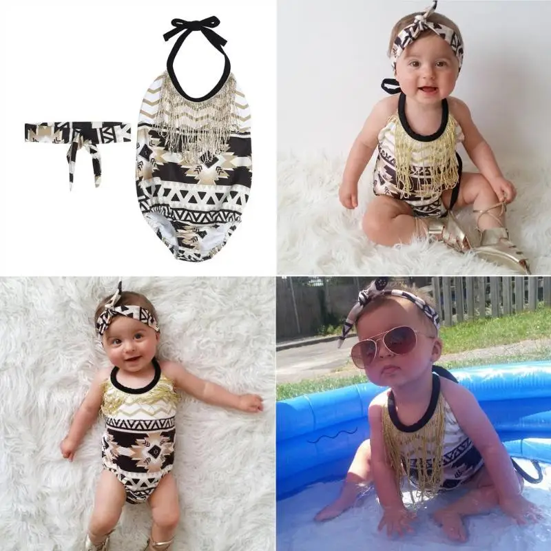 

2pcs Baby Infant Girls Rompers Sunsuit Jumpsuit Headband Outfit