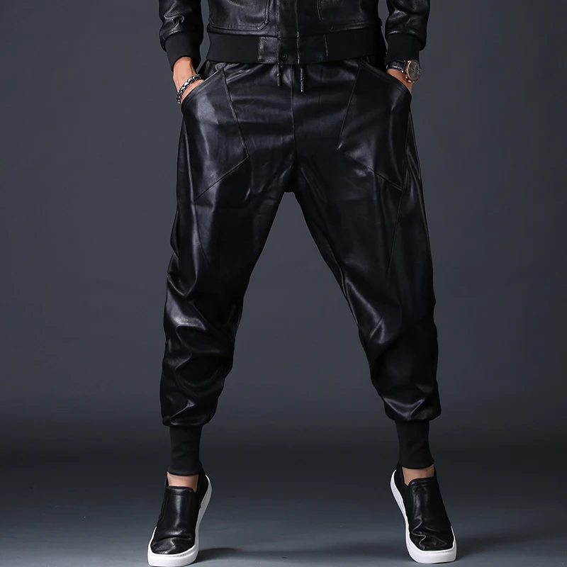 joggers sweatpants New Fashion Men Punk Moto PU Faux Leather Joggers Casual Harem Pants Drop Crotch Street Dance DJ Rock Night Club Trouser M-2XL genie pants