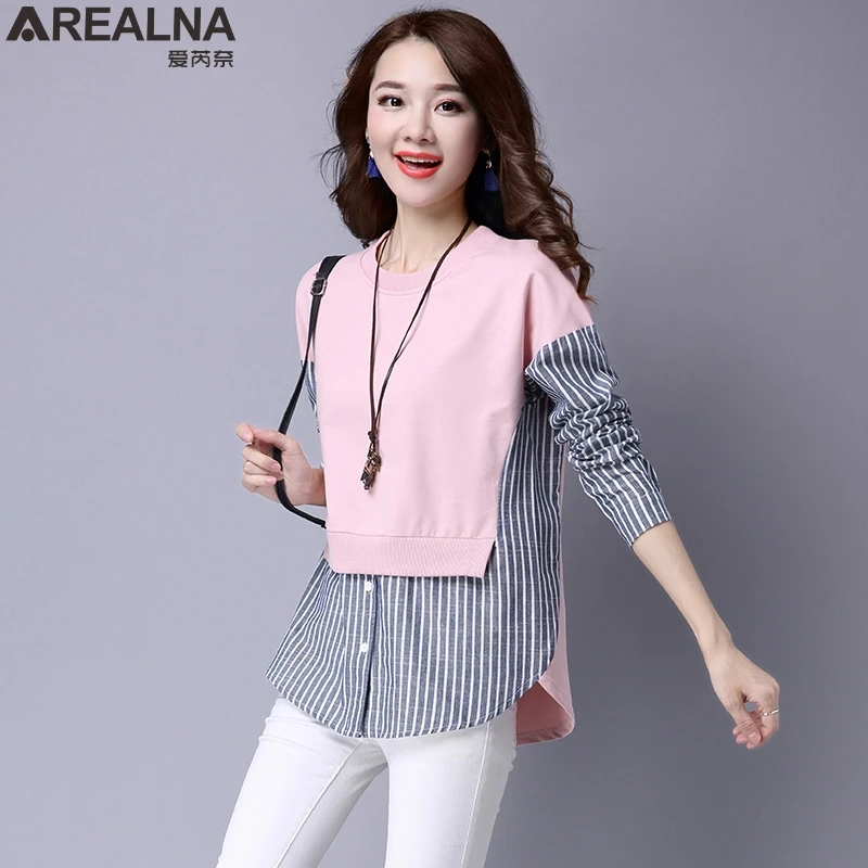 

AREALNA 2018 new autumn Fake Two-Piece Hoodies Casual loose Pullover Vintage stripe Stitching cotton sweatshirt moletom feminino