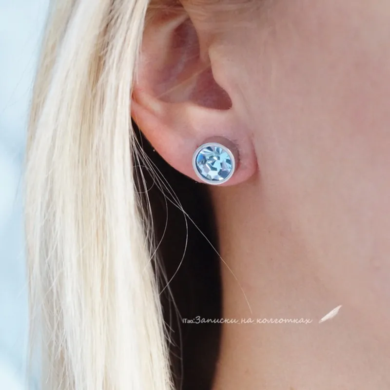 

RIR Charms Women Blue Crystal Stone Stud Earrings Surgical Steel Round Piercing Jewelry Wedding