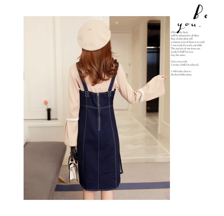 Wholesale spring postpartum women denim breastfeeding dress suits long flare sleeve nursing tees+strap denim dress twinset