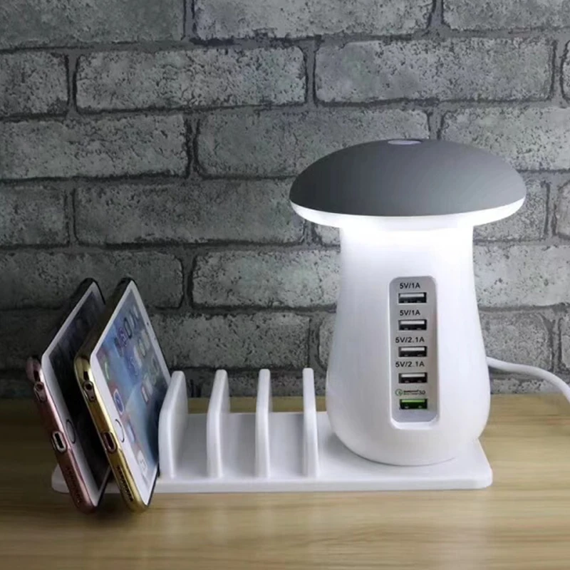 

LED Mushroom Night Light with 5 Port 3.0 Quick Charge USB Charger Hub Travel Desk Light Night Light Phone Charging Night Lamp