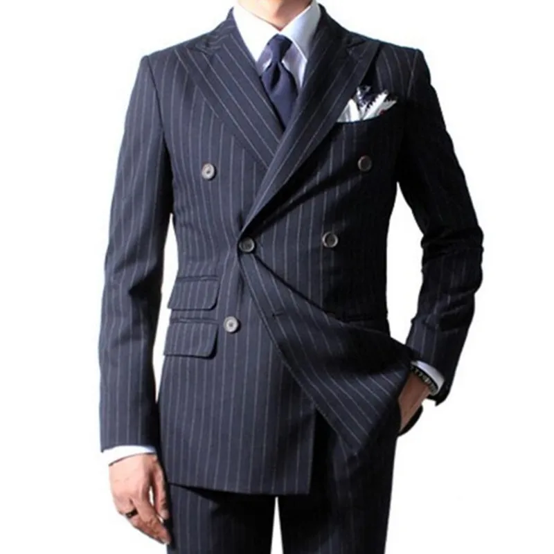 

NoEnName_Null 2017 Chalk Stripe Men Suit Custom Made Navy Blue Mens Striped Suit Tailored Double Breasted Men Suits With Ticket