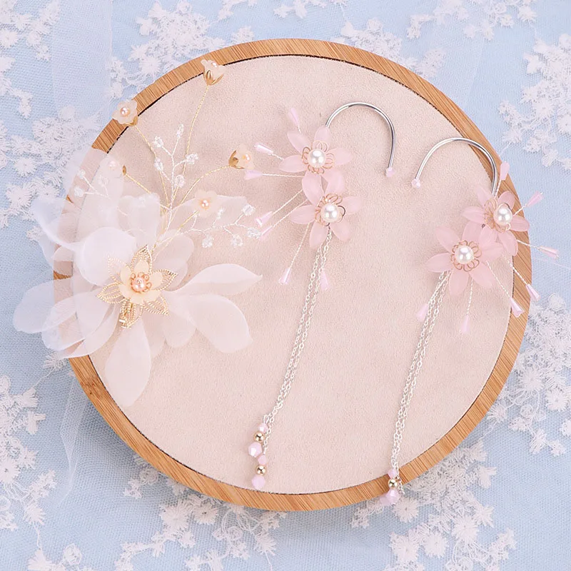 

ACRDDK Pink Flower Bridal Hair Pins Jewelry Sets Simulated Pearl Women Hair Clip Earrings Set Wedding Tiaras Hair Accessories SL
