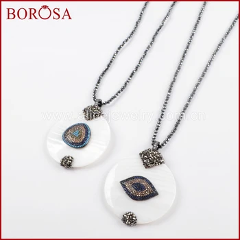 

BOROSA 2/3PCS Rhinestone Pave Round White Shell Micro Pave CZ Eye Charm Pendant Necklace,Handmade Hematite Beads Necklace JAB864