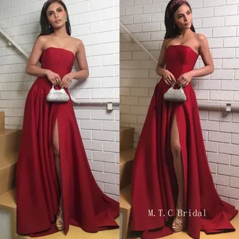 

High Slit Red Long Dress Evening Strapless A Line Floor Length Charming Women Occasion Dresses 2019 Cheap Vestido De Fiesta