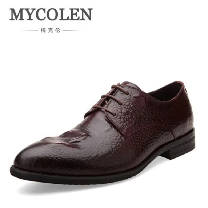 

MYCOLEN Men Genuine Leather Flat Wedding Shoes Mens Wine Red Black Business Casual Party Gentleman Wedding Shoes Crocodile