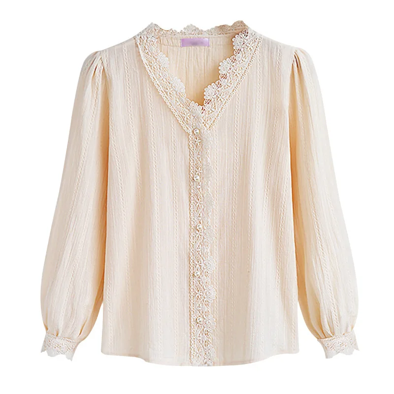 

Elegant Spliced Summer Blouse Long Sleeve V-Neck Women Shirts Lantern Sleeve Lace Womens Tops and Blouses