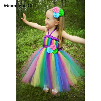 

4 Colors Kids Girls Flowers Rainbow Tutu Dress Ribbons Sashes Striped Girl Wedding Birthday Party Dress Costume Clothes PQ015
