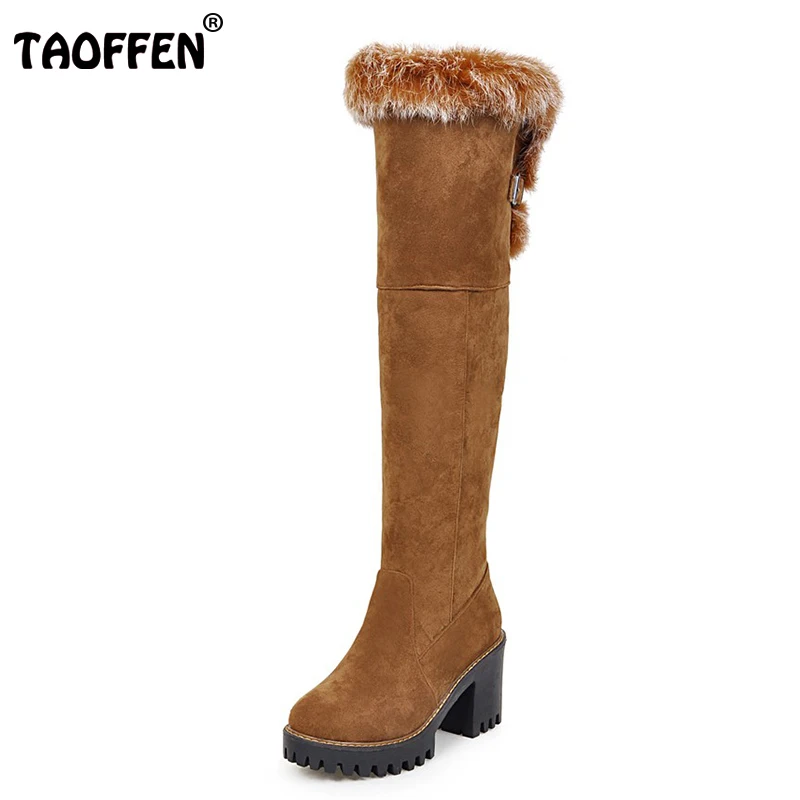 

TAOFFEN Size 34-43 Women Over Knee High Heel Boots With Thick Fur Warm Thick Heels Boot Warm Shoes Winter Botas Woman Footwear