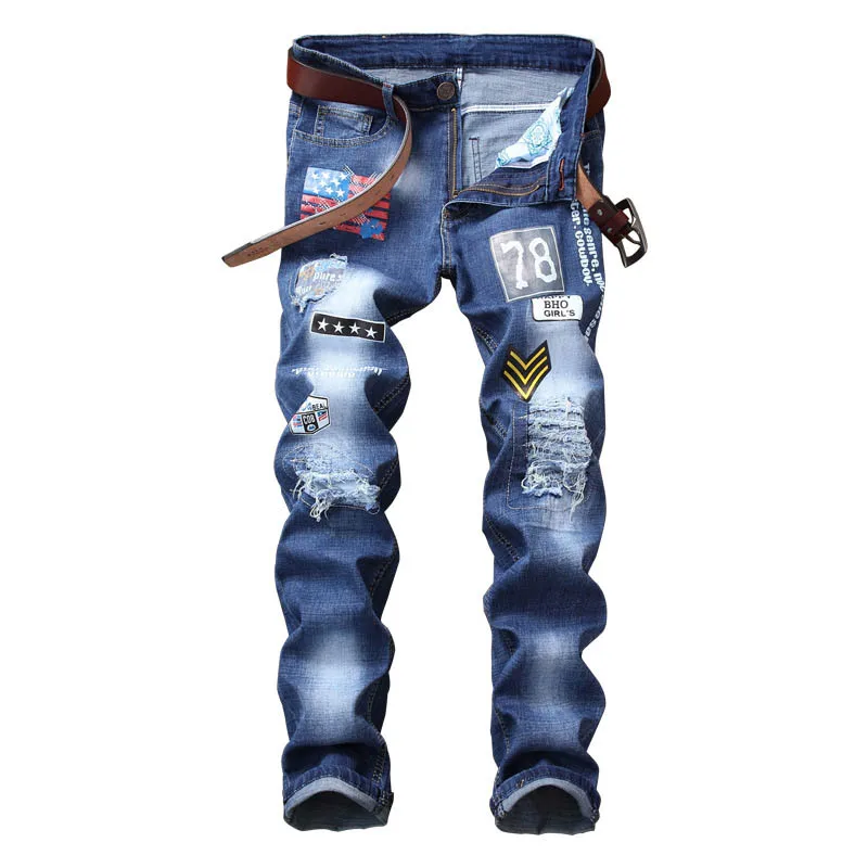 Mcikkny New Fashion Men Ripped Denim Jeans With Patchwork Slim Fit Male Straight Hole Cotton Jeans Pants Biker Casual Trousers 