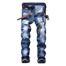 Mcikkny New Fashion Men Ripped Denim Jeans With Patchwork Slim Fit Male Straight Hole Cotton Jeans Pants Biker Casual Trousers 