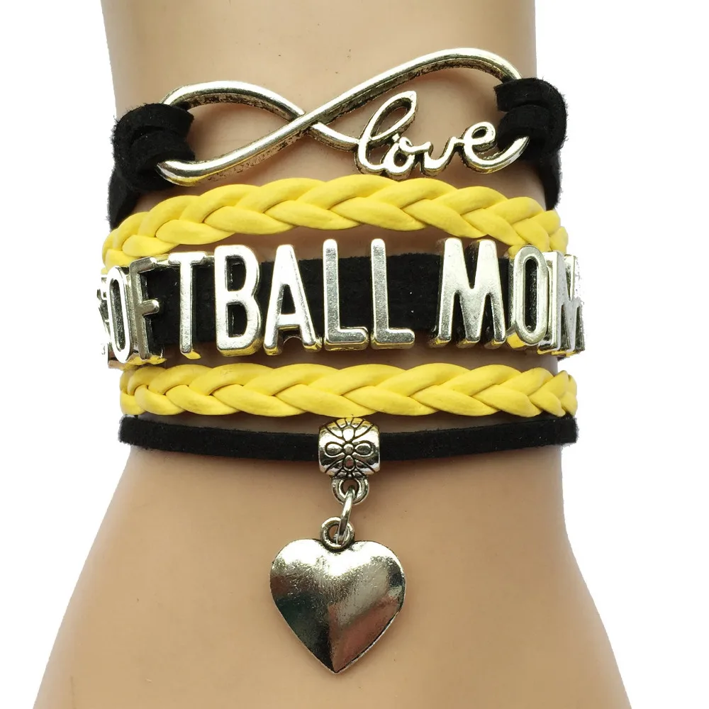 Drop Shipping Infinity Love Softball Mom Bracelet Heart Charm Handmade Leather Wrap Gift For