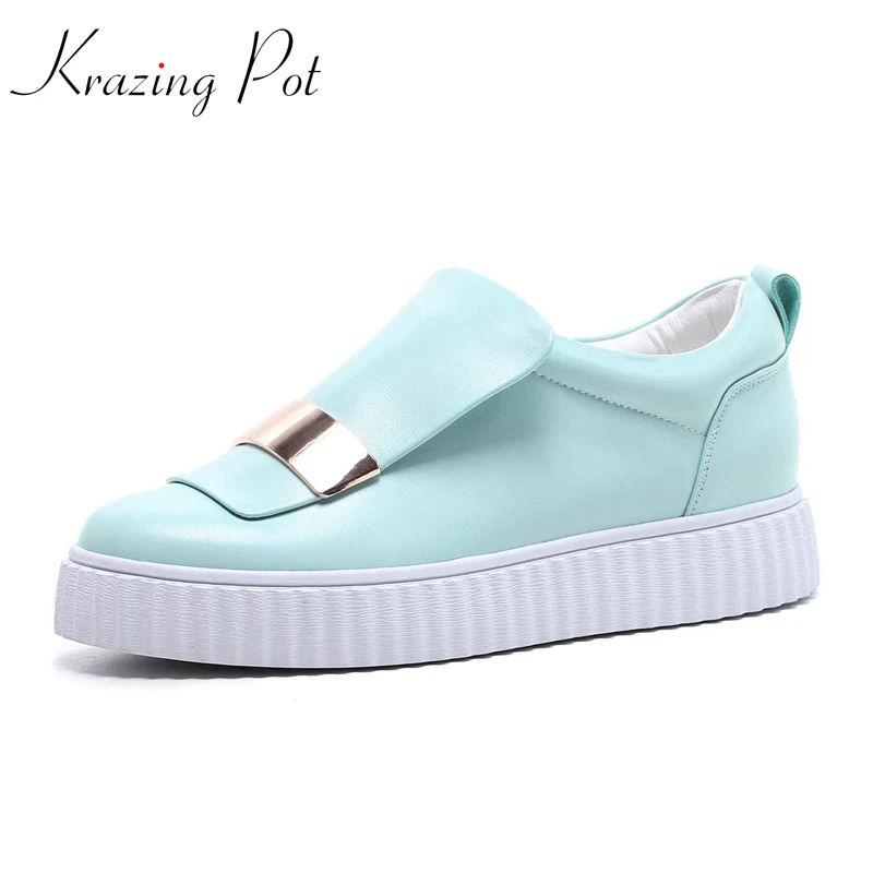 

Krazing Pot cow leather med heels slip on leisure round toe loafers soft soles metal decoration pregnant vulcanized shoes L02