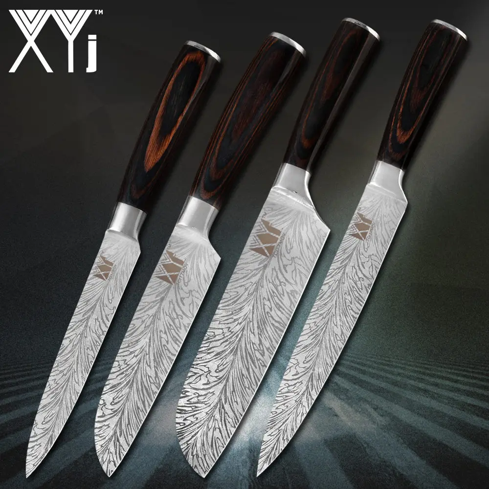 XYj нож из нержавеющей стали с красивым узором 7cr17, лезвие из нержавеющей стали, цветные кухонные ножи с деревянной ручкой, набор ножей из 8 предметов - Цвет: D. 4 PCS Set