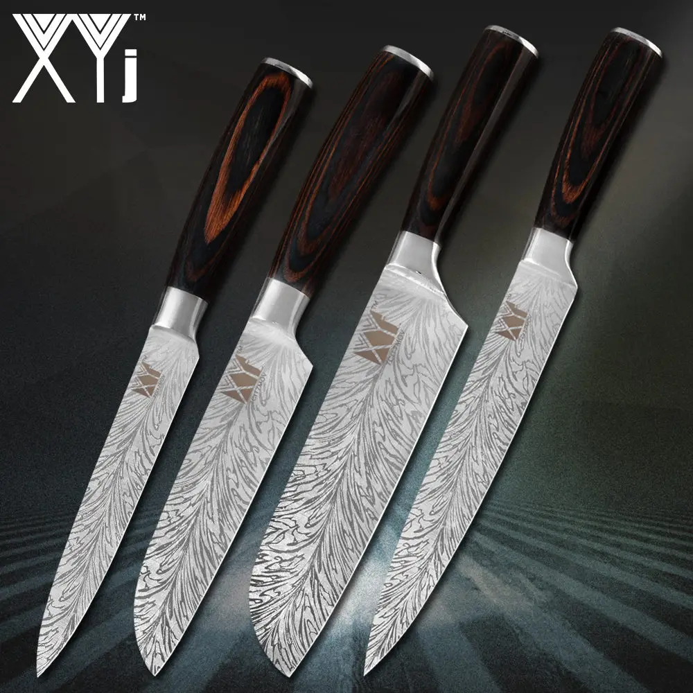 D. 4 PCS Set XYj нож из нержавеющей стали с красивым узором 7cr17, лезвие из нержавеющей стали, цветные кухонные ножи с деревянной ручкой, набор ножей из 8 предметов - Цвет: D. 4 PCS Set