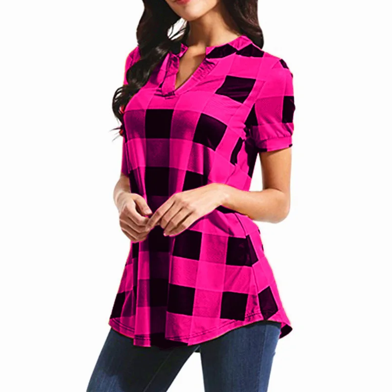 

2018 new Europe and America women tops Plaid Printed V-Collar Short Sleeve Loose Ladies womens shirts plus size 5xl
