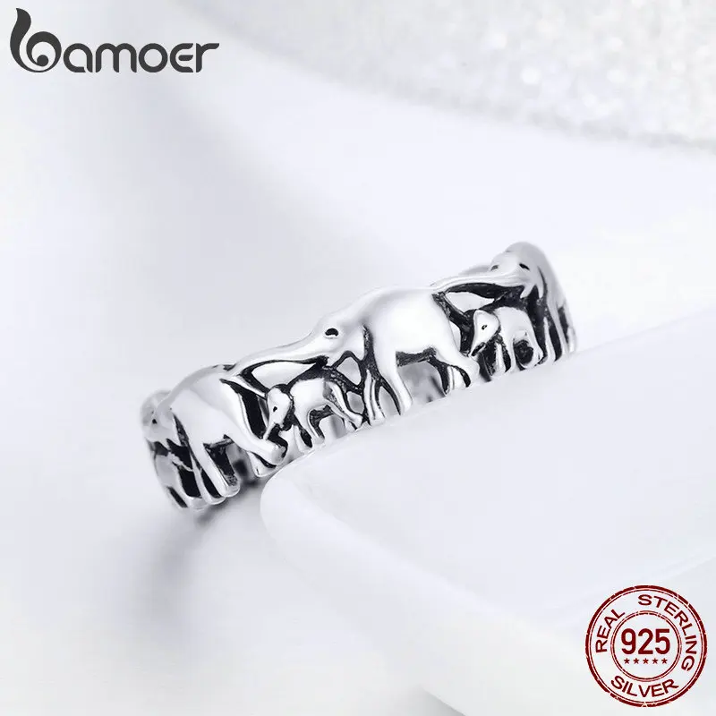 BAMOER Trendy 100% 925 Sterling Silver Stackable Animal Collection Elephant Family Finger Rings for Women Silver Jewelry SCR344