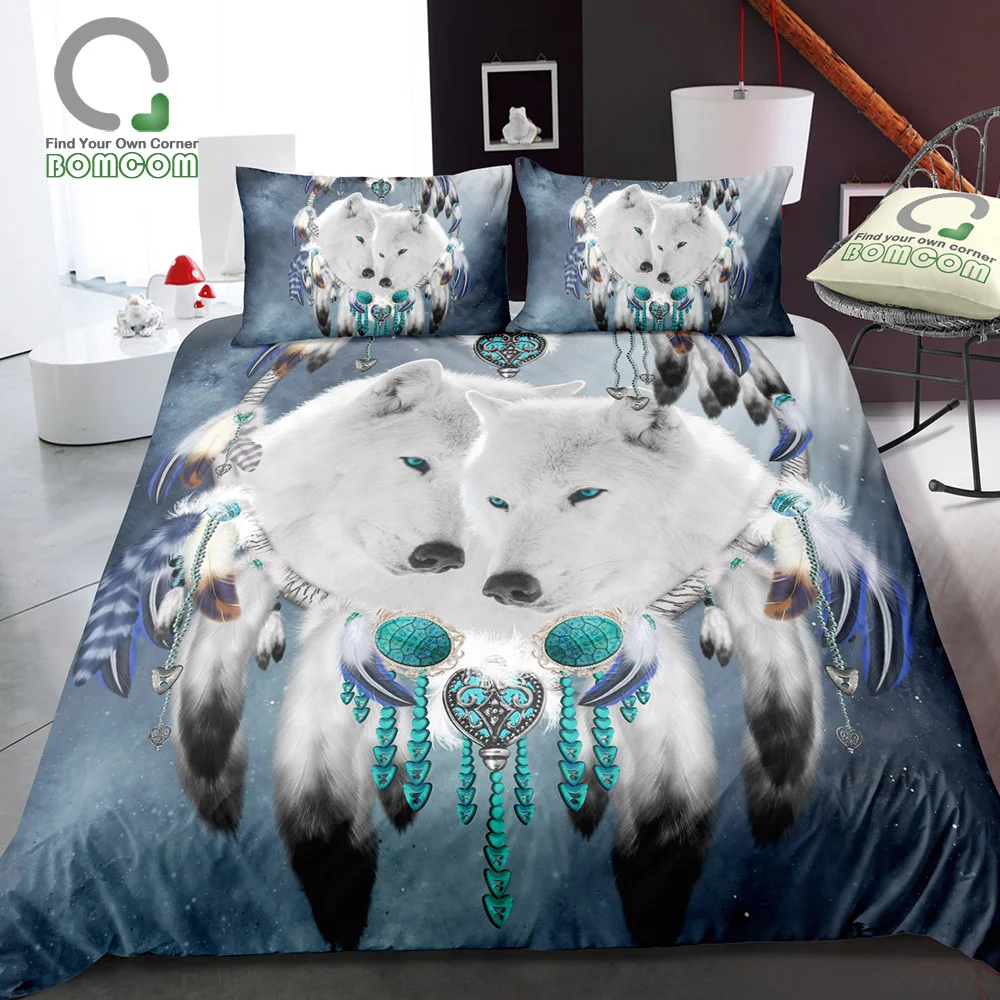 

BOMCOM 3D Digital Printing Boho Bohemia Dream Catcher White Wolf Starry Sky Dream Catcher Bedding Cover Set 100% Microfiber Blue