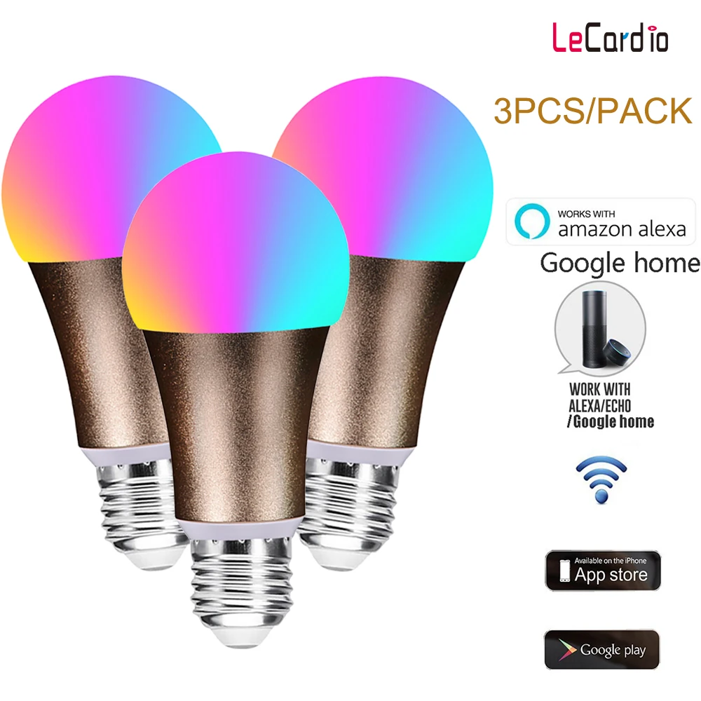 3PC LED Smart WiFi Light Bulb E27 E26 B22 Multicolor Dimmable Stage Lamp Voice Light Bulb Compatible Alexa Google Assistant