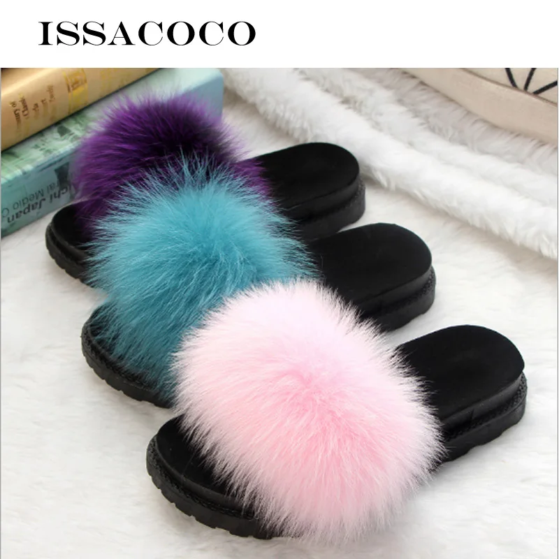 

ISSACOCO Women's Real Fox Fur Slides Women Non-slip Fluffy Fur Slippers Women Furry Slippers Ladies Cute Plush Fox Hair Slippers