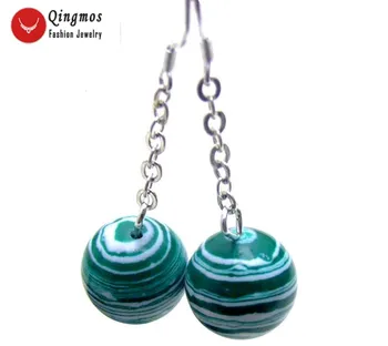 

Qingmos Natural Dark Green Agates Earrings for Women Jewelry with 14mm Round Peacock Stripe Agates Dangle Hook Earring Jewelry