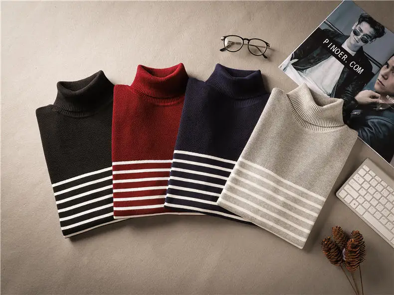 MuLS Striped Sweaters Men Pullover Cotton Knit Male Turtleneck Sweater Jumpers Spring Winter High Neck Knitwear 2018 Autumn New-07