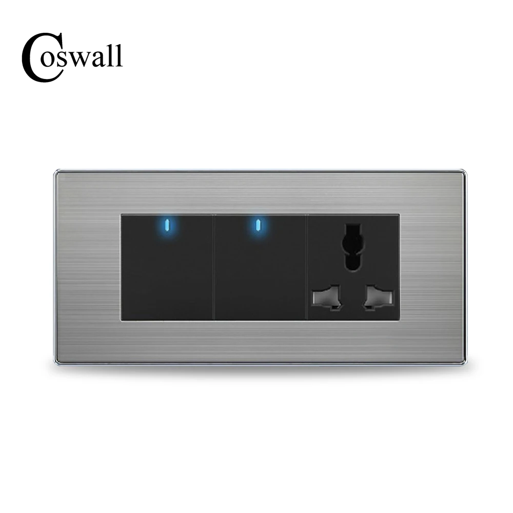 

COSWALL 2 Gang 2 Way Wall Light Switch LED Indicator With 3 Hole Universal Power Socket Stainless Steel Panel 154mm * 72mm