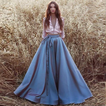Faldas de satén azul elegantes para Mujer, falda larga Formal, con lazo, hecha a medida