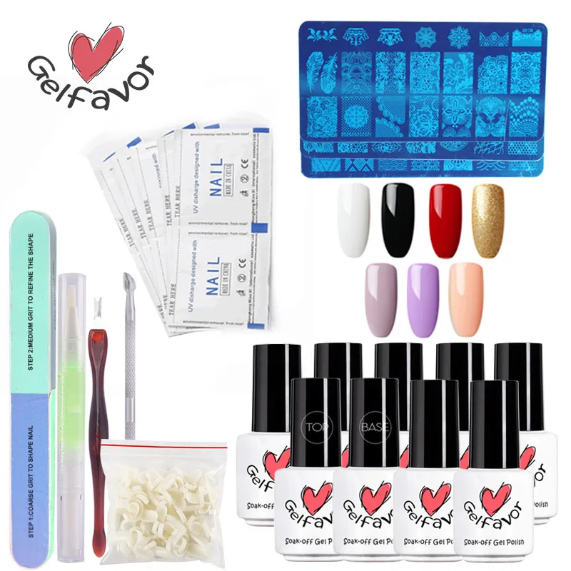 

GELFAVOR Nail Art Tools Set Fast Delivery 7 Colors With Base & Top Primer False Nail Template Manicure Kit Gel Nail Polish