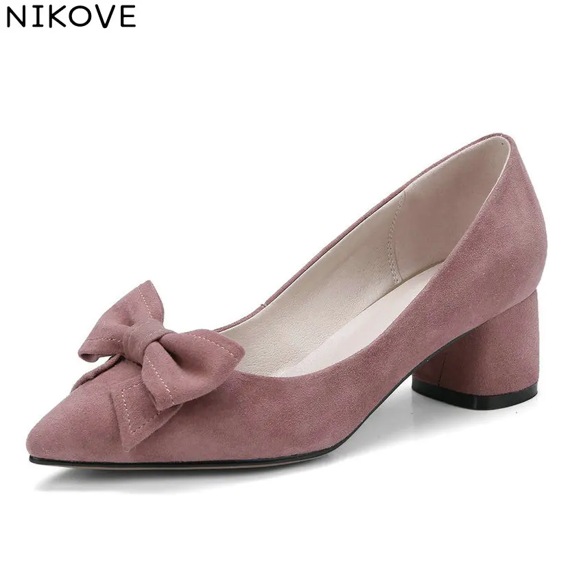 

NIKOVE 2018 Women Pumps Square Med Heels Spring Autumn Slip on Pointed Toe Butterfly-knot Kid Suede PU Women Shoes Size 34-40