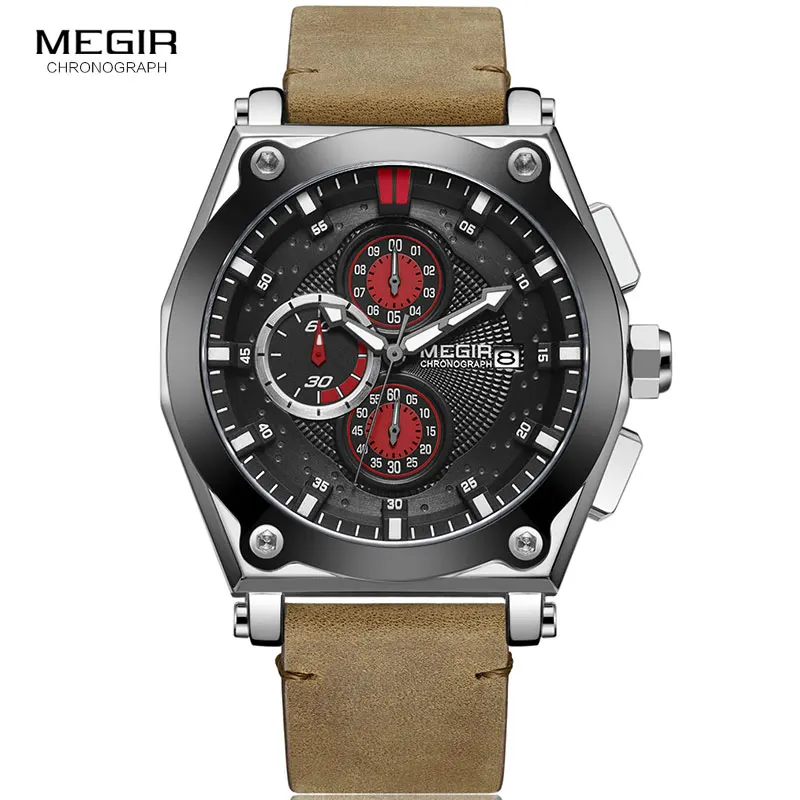 

Megir Men's Retro Quartz Watches Brown Leather Strap Relogio Masculino Top Brand Luxury Chronograph Wristwatch 2098 Silver Black