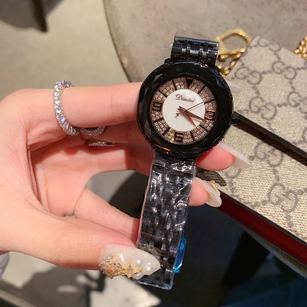 Прохладный сексуальный холодный ветер полный черные часы для женщин нейтральный дизайнер Кристаллы часы тяжелый полный сталь браслет