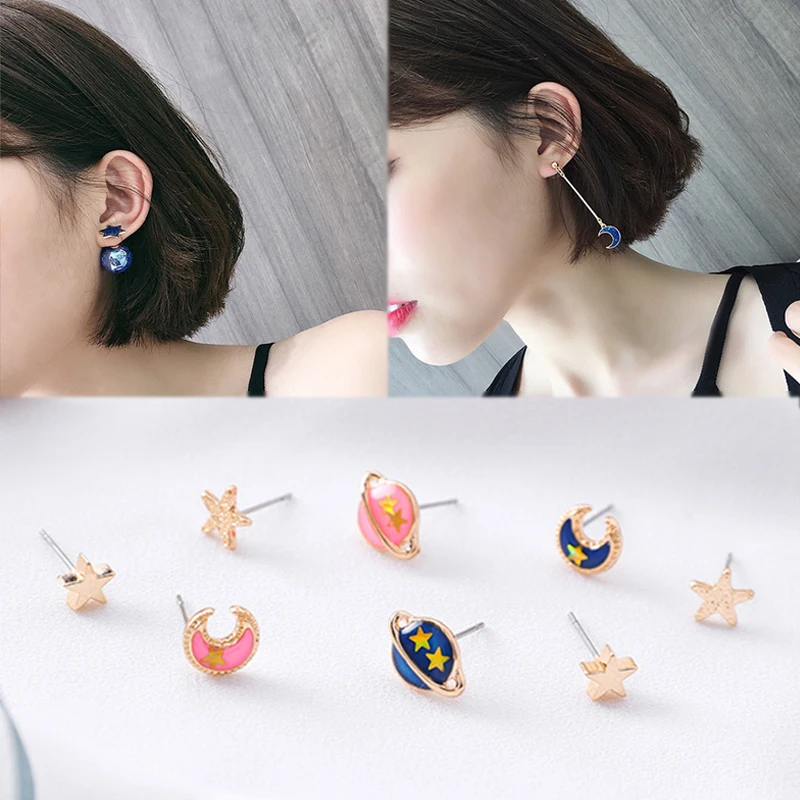 

High Quality Valentines Gift Universe Planet Star Moon 1Pair New Korean Pearl Lovely Rocket Aircraft Blue Drop Earring Pink