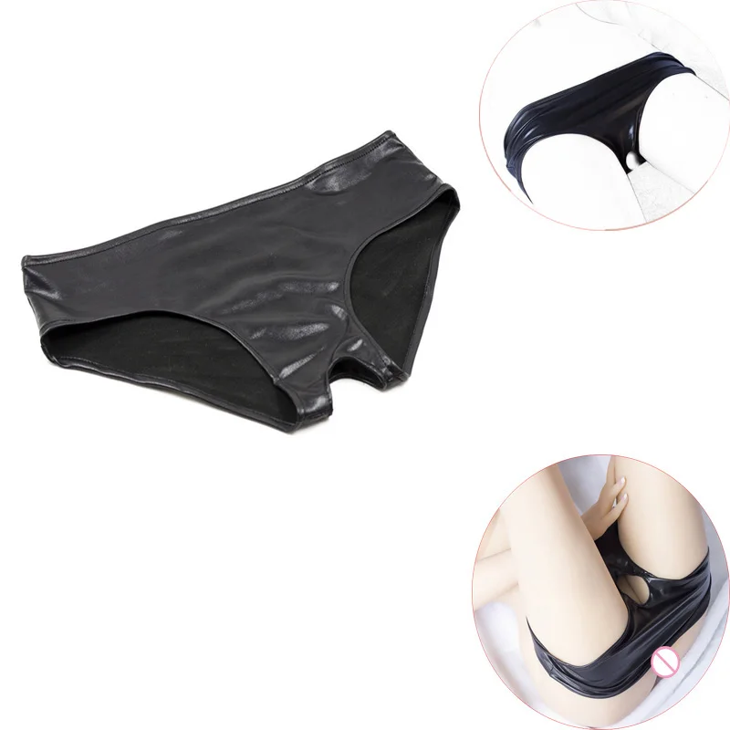 

Women's Leather Open Crotch Strap on Panties Masturbator Hollow Briefs Elastic Crotchless Chastity Belts Underwear Short Pant