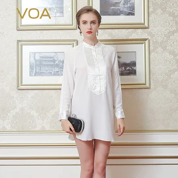 

VOA silk long sleeved stand collar white shirt women long loose all-match silk blouse B6517