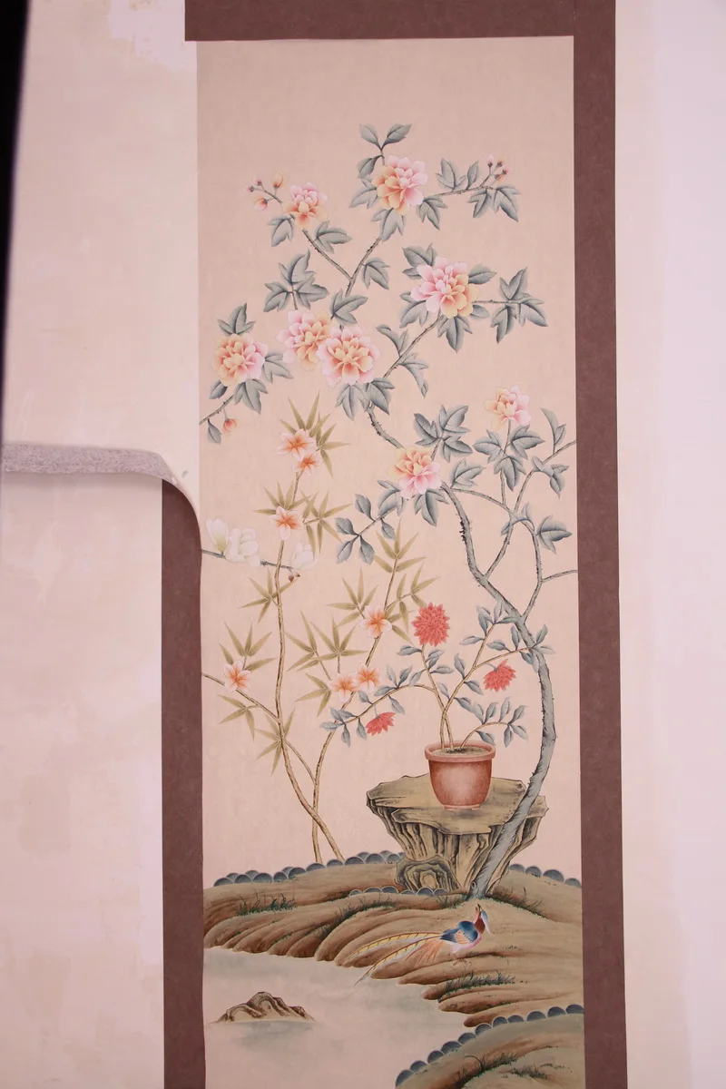 

Classic Hand-painted silk wallpaper painting painting flowers with birds wallcovering many arts and background optional