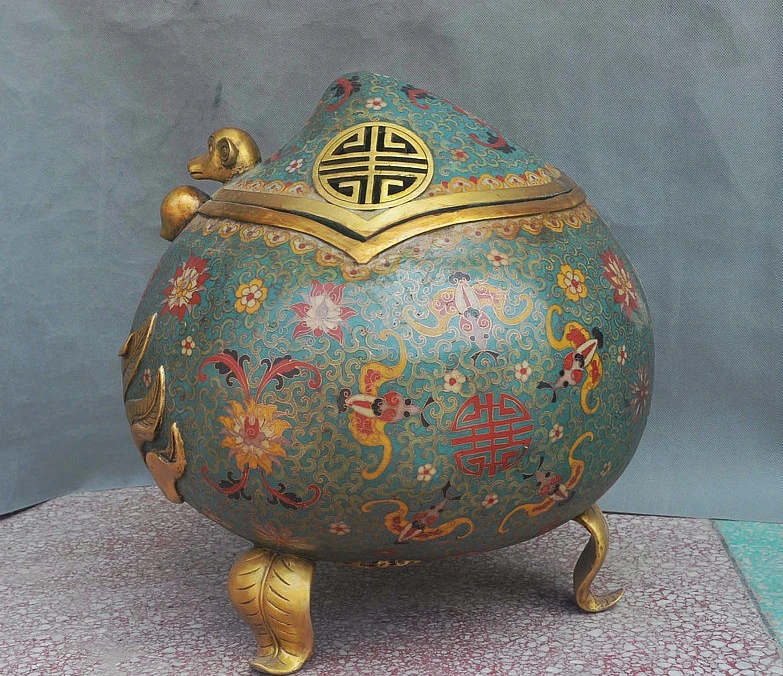 15 China Cloisonne Gilt Monkey Longevity Peach Statue Incense Burner Censer