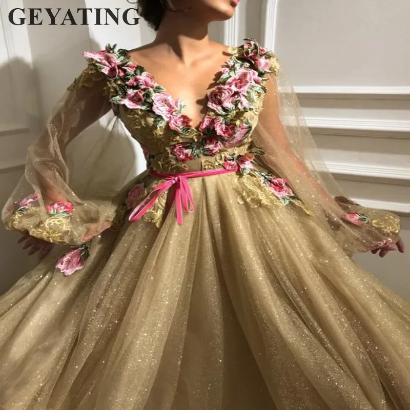 Блестящее Тюлевое Золотое платье с блестками для выпускного вечера с длинными рукавами и v-образным вырезом, арабское вечернее платье с вышивкой, элегантное женское вечернее платье