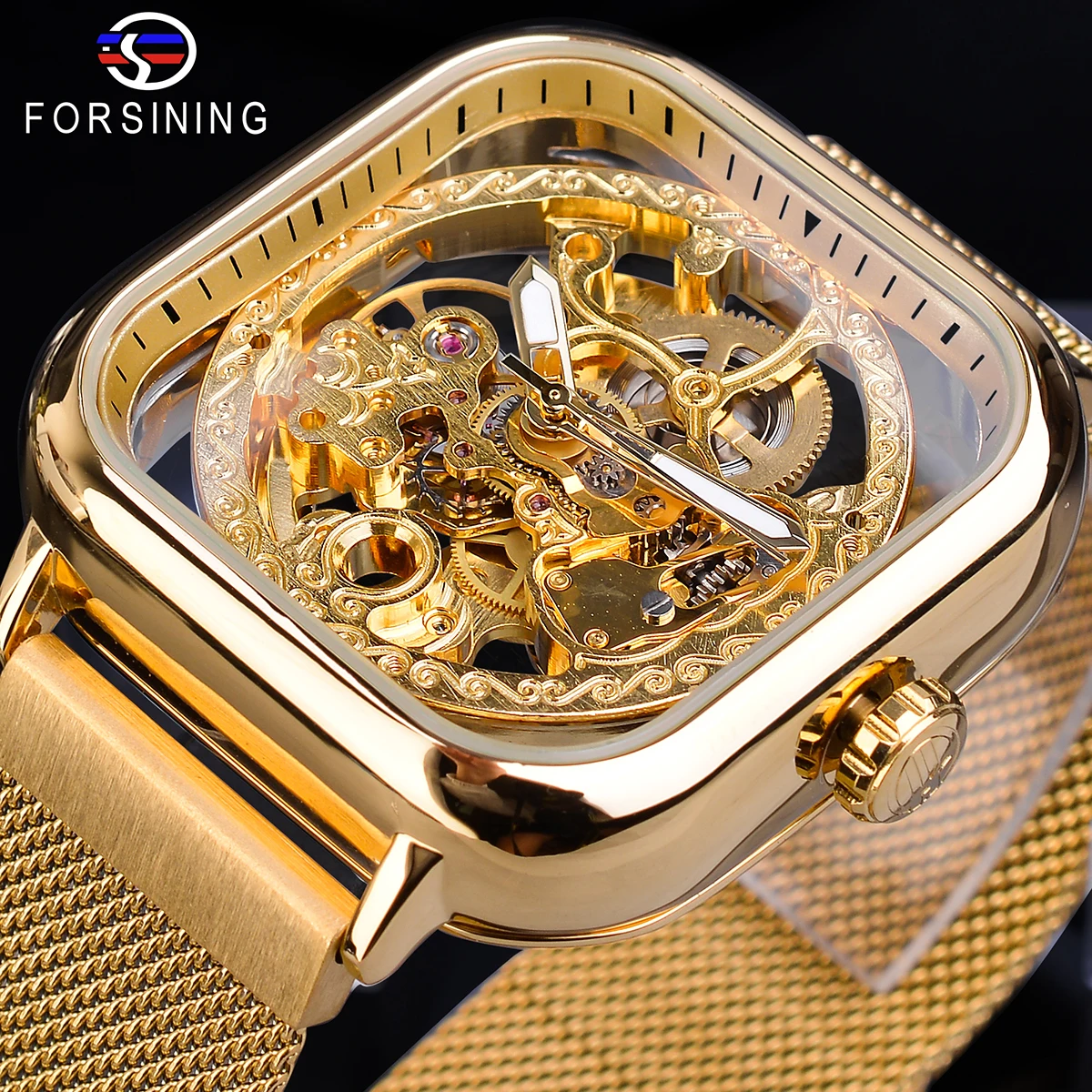 

Forsining Men Mechanical Watches Automatic Self-Wind Golden Transparent Fashion Mesh Steel Wristwatch For Man Male Hot Hour 2019