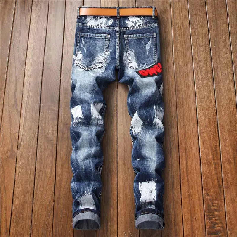Mcikkny New Fashion Men's Painted Jeans With Embroidery Slim Straight Denim Pants Biker Casual Jeans Trousers For Male Washed 