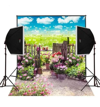 

Floral Spring Garden Fence Pink field of Flower Leaves backdrops Vinyl cloth High quality Spray Painted wall Scenery background