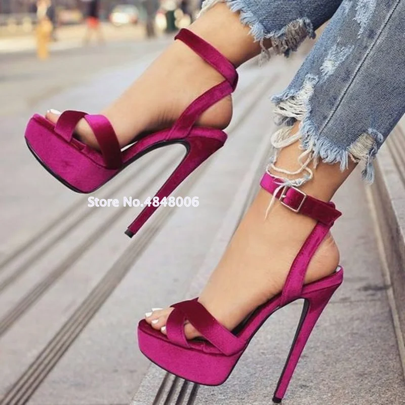

Magenta Velvet Platform Heels Sandals Stiletto High Heels Slingback Sandals Cross-tied Buckle Strap Elegant Woman Banquet Shoes
