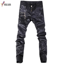 Новые осенние Байкер Skinny Для мужчин готический панк Мода искусственного кожаные штаны из искусственной кожи пряжки и хип-хоп молнии черные кожаные брюки мужские