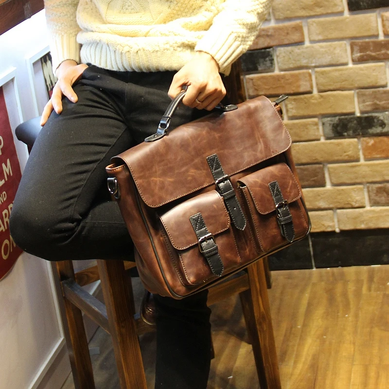 New Fashion Retro men bag crazy horse leather men s handbags casual business shoulder bag briefcase