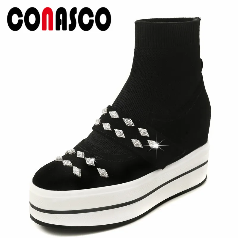 

CONASCO Sexy Women Rhinestone Ankle Boots Wedges High Heels Autumn Winter Socks Boots Ladies New Party Prom Pumps Short Boots