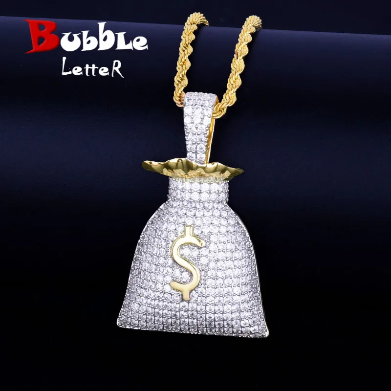 

US Dollar Money Bag Pendant With Tennis Chain Gold Silver Color Bling Cubic Zircon Men's Hip hop Necklace Jewelry For Gift