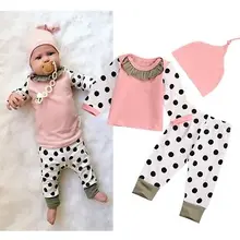 Милые топы для маленьких девочек; штаны в горошек для новорожденных; модные легинсы для малышей; шапочка; комплект одежды; Милая осенняя одежда