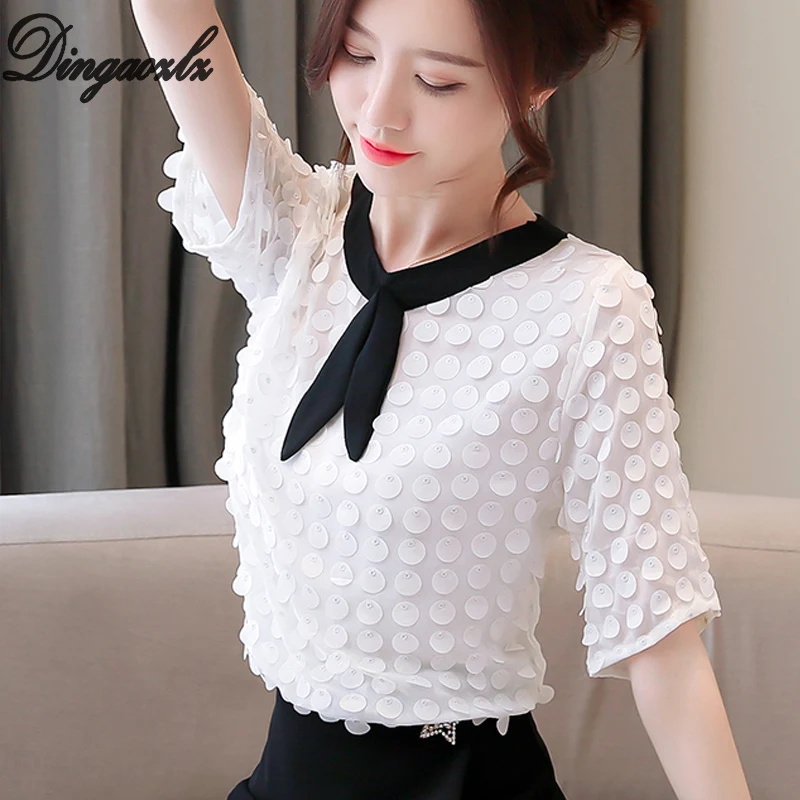 

Dingaozlz 2019 New Korean Fashion Women Chiffon blouse Bow tie Female Top Short sleeve Summer White Office lady shirt
