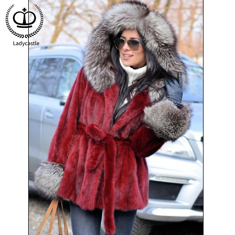 

2019 Spring Fashion Full Pelt Mink Fur Coats Wine-red Mink Jackets For Women Warm Silver Fox Fur Hood & Cuff Real Fur MKW-219